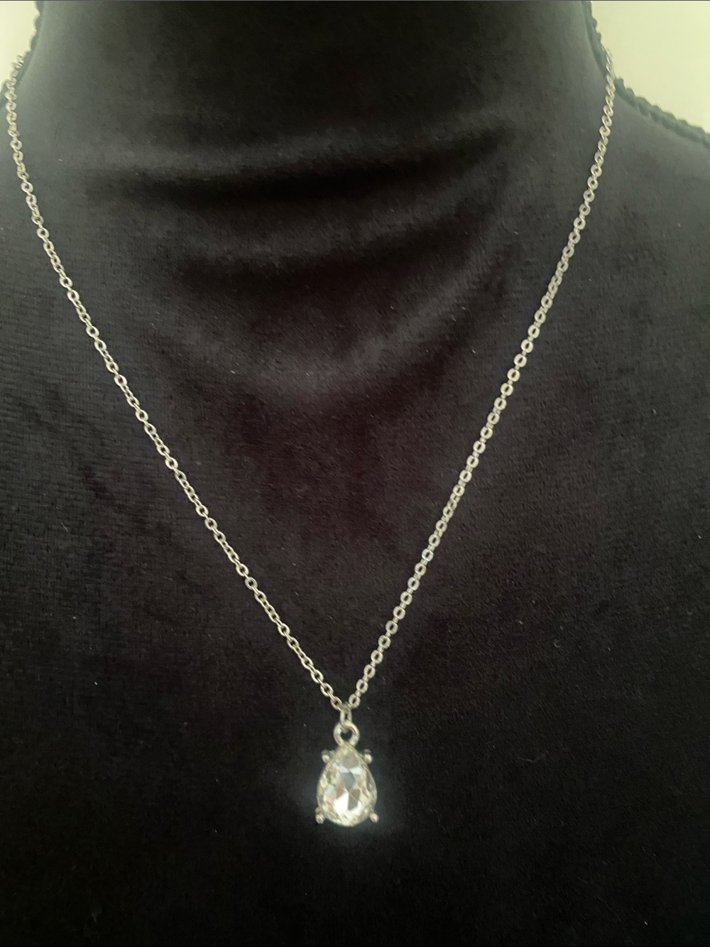 Silver Teardrop Crystal Pendant Necklace Dainty Link Chain - Costume Jewelry